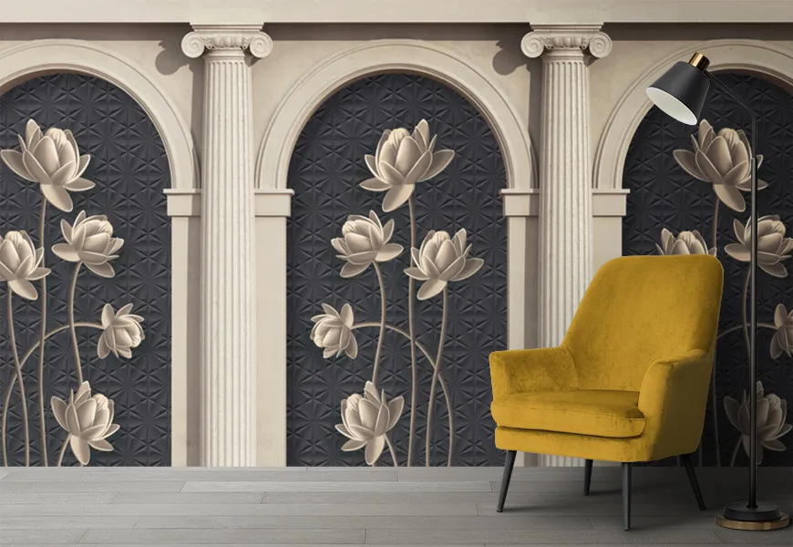 پوستر دیواری کلاسیک طرح گل طلایی زمینه قاب گچبری
