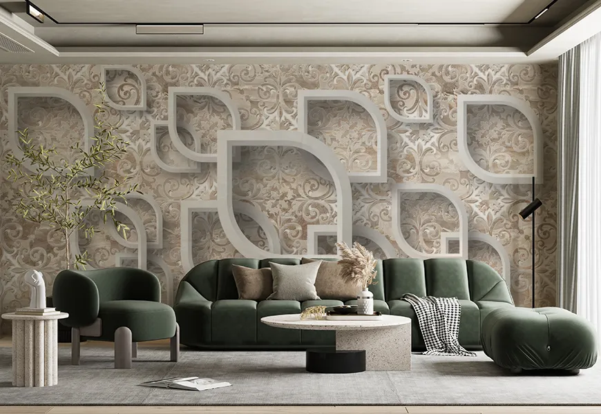 کاغذ دیواری کلاسیک پذیرایی طرح هندسی گچبری زمینه گل