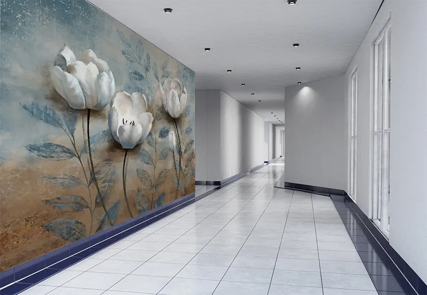 کاغذ دیواری کلاسیک طرح گل شقایق سفید زمینه آبرنگ