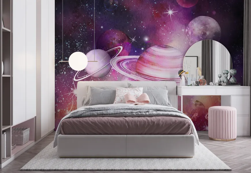 کاغذ دیواری سه بعدی اتاق خواب دخترانه طرح کهکشان