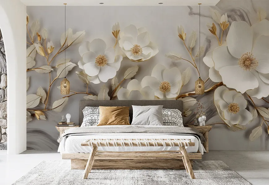 کاغذ دیواری کلاسیک اتاق خواب طرح گل شقایق سفید برجسته