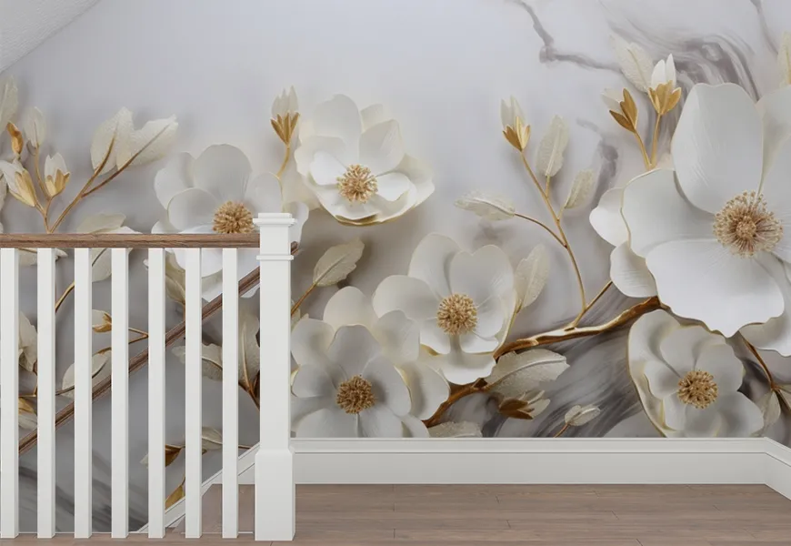 کاغذ دیواری کلاسیک راهرو طرح گل شقایق سفید برجسته