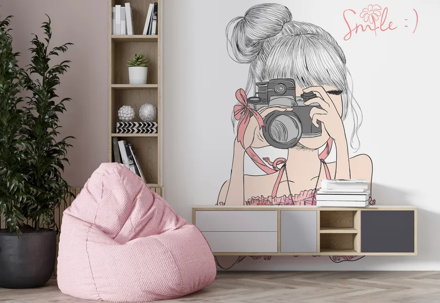 کاغذ دیواری سه بعدی نقاشی دختر عکاس اتاق خواب دختر