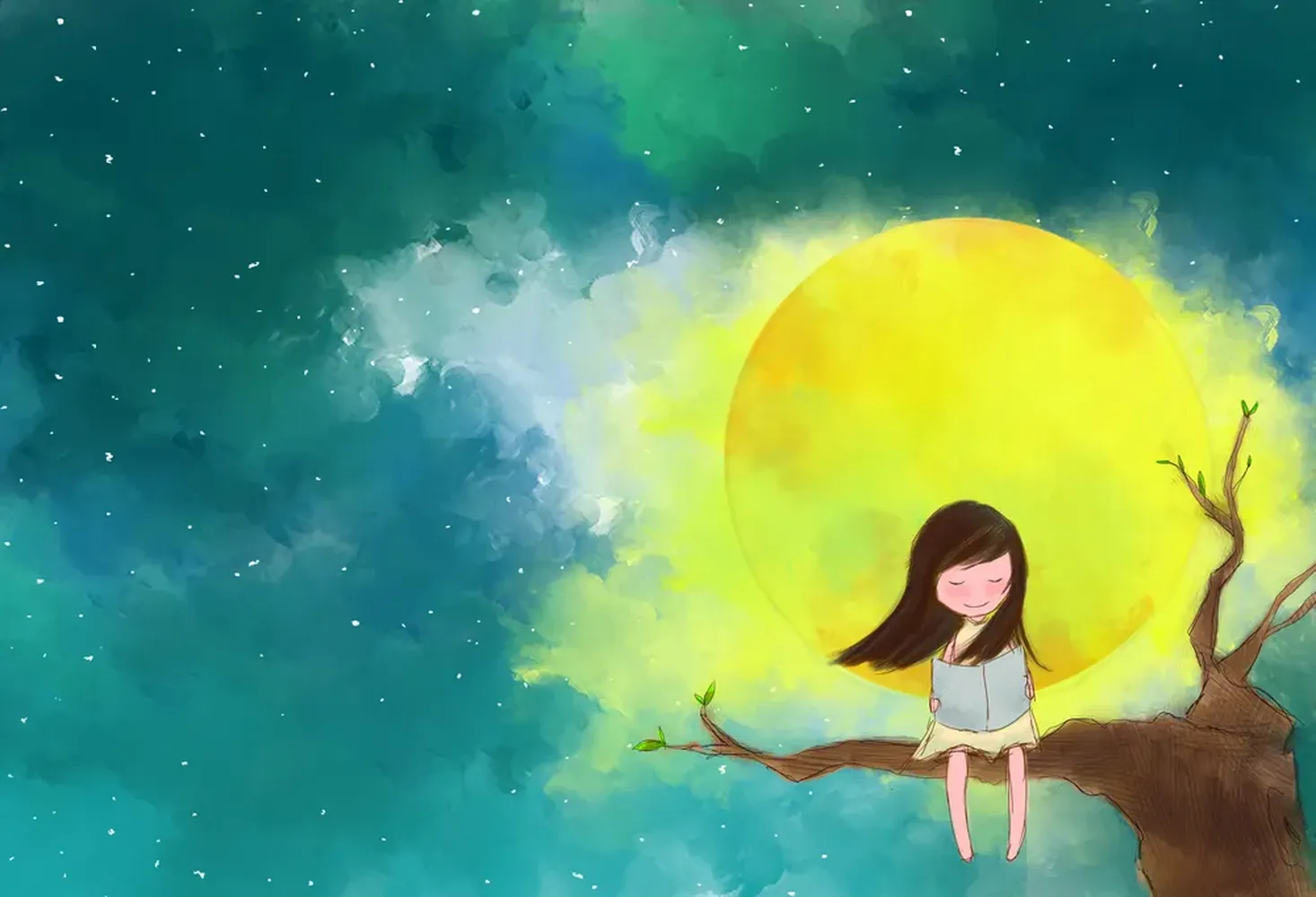 پوستر 3بعدی نقاشی آبرنگ دختر کتاب خوان زیر مهتاب