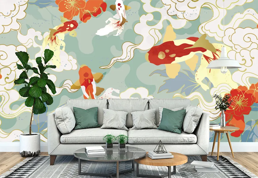 پوستر دیواری سه بعدی طرح نقاشی ماهی و گل
