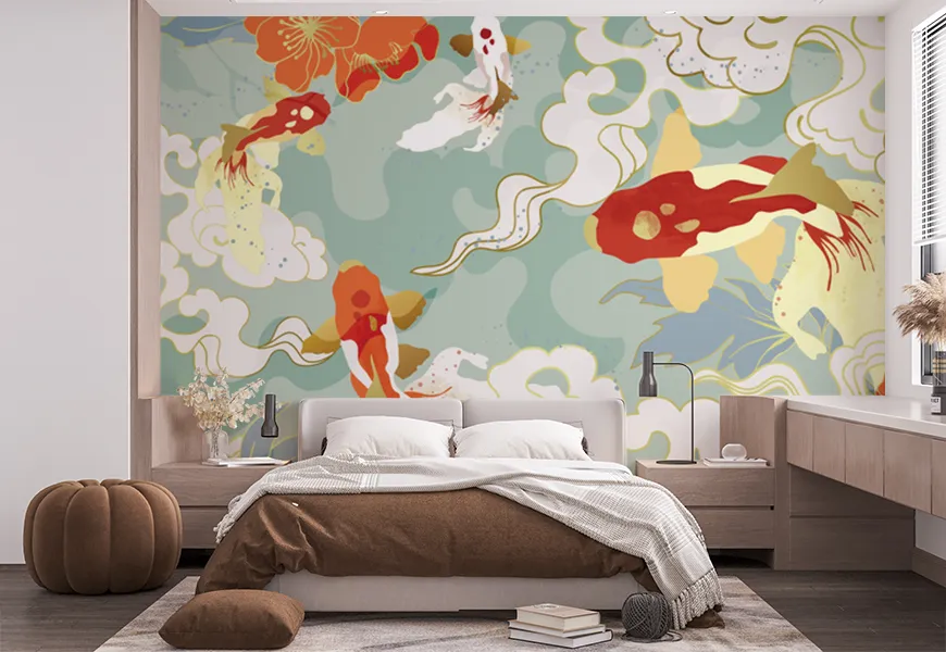 پوستر دیواری سه بعدی اتاق خواب طرح نقاشی ماهی و گل