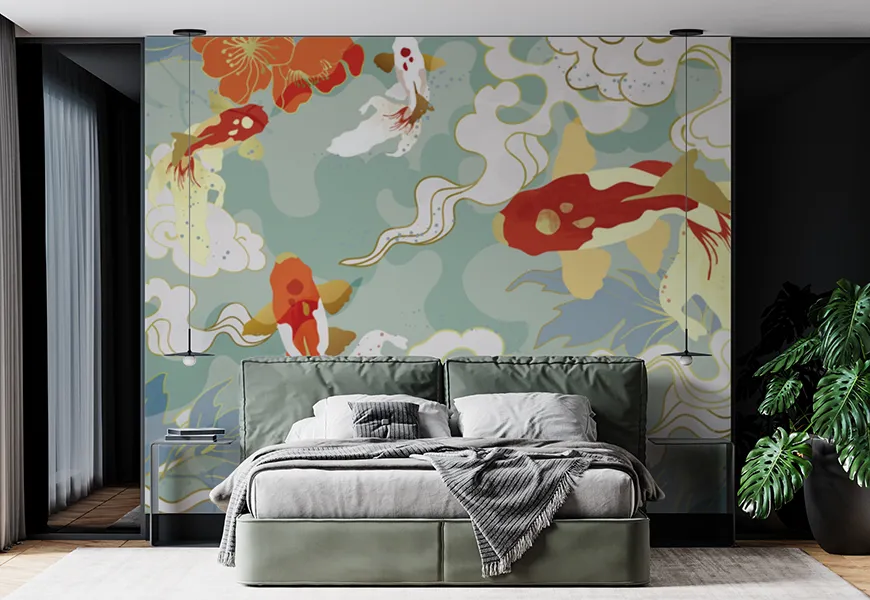 پوستر دیواری سه بعدی طرح نقاشی ماهی و گل