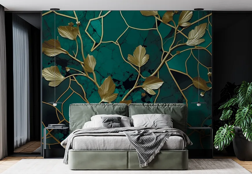 پوستر خاص اتاق خواب طرح شاخه برگ زمینه سنگ