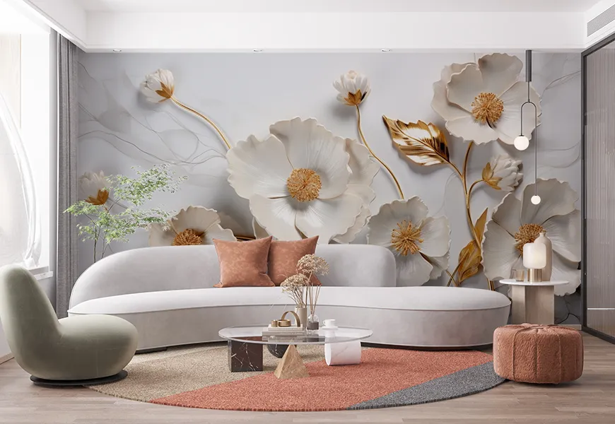 کاغذ دیواری کلاسیک طرح گل شقایق طلایی