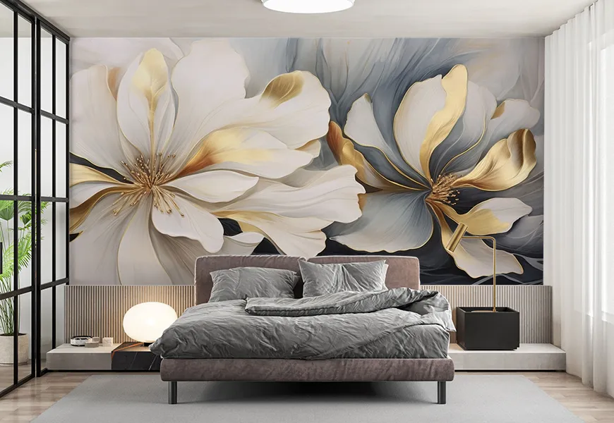 پوستر لاکچری اتاق خواب طرح گل طلایی