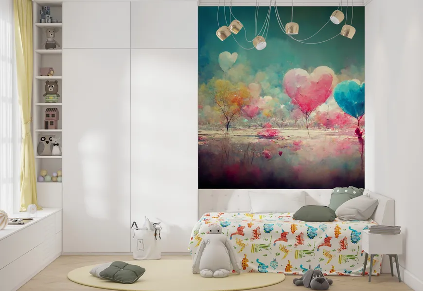 کاغذ دیواری نقاشی آبرنگ طرح آسمان با بالن های قلب