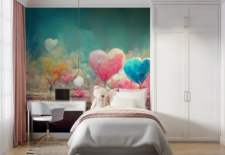 کاغذ دیواری نقاشی آبرنگ طرح آسمان با بالن های قلب