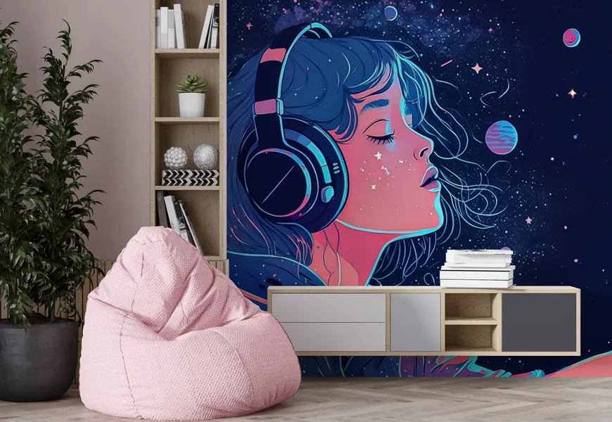 پوستر دختر انیمه شناور در فضا در حال گوش دادن به موسیقی