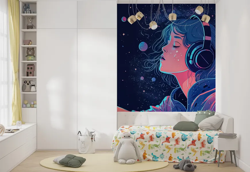 پوستر دختر انیمه شناور در فضا در حال گوش دادن به موسیقی