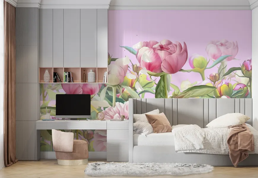 کاغذ دیواری نقاشی اتاق خواب دخترانه طرح گل های صورتی