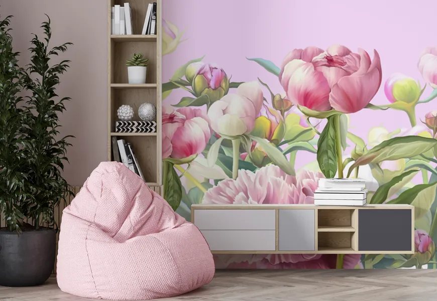 کاغذ دیواری نقاشی اتاق خواب دخترانه طرح گل های صورتی