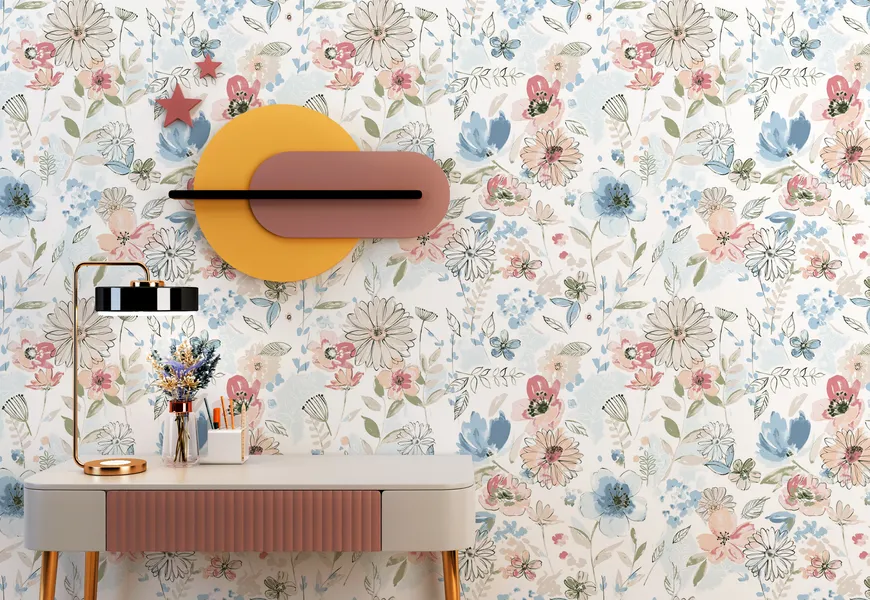 کاغذ دیواری سه بعدی اتاق خواب دخترانه طرح پارچه گلدار