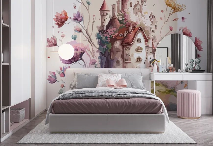 پوستر نقاشی آبرنگ اتاق خواب دخترانه طرح قلعه افسانه ای