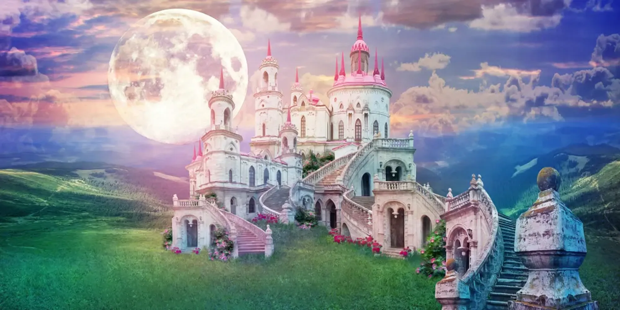 پوستر کارتونی سرزمین عجایب قلعه قدیمی وماه زیبا