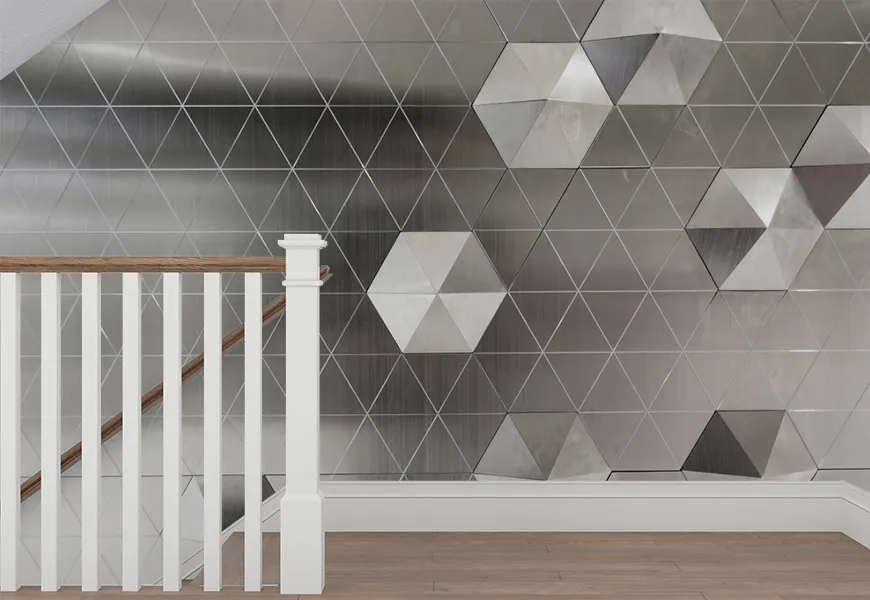 کاغذ دیواری 3 بعدی مدرن طرح مثلث نقره ای