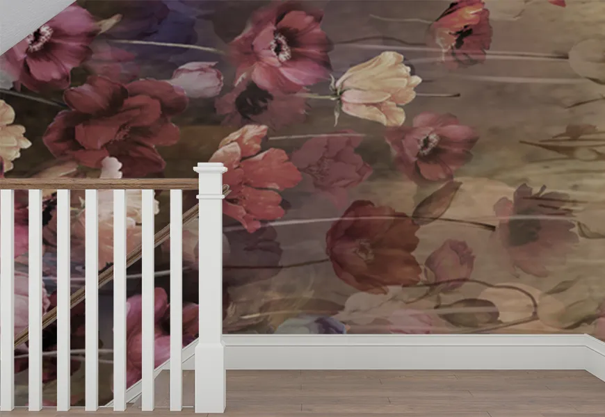 کاغذ دیواری سه بعدی راهرو و راه پله گلهای صورتی در باد