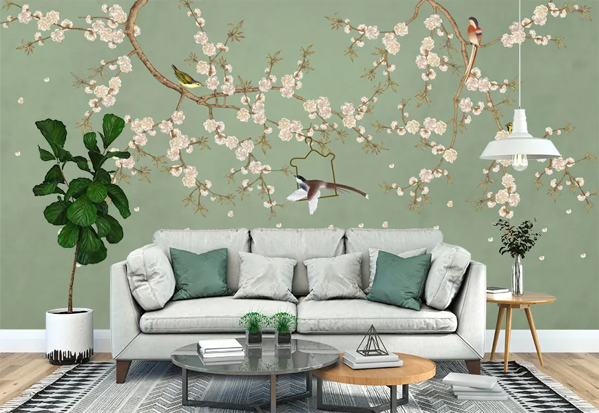 کاغذ دیواری سه بعدی گل و پرنده با پس زمینه سبز