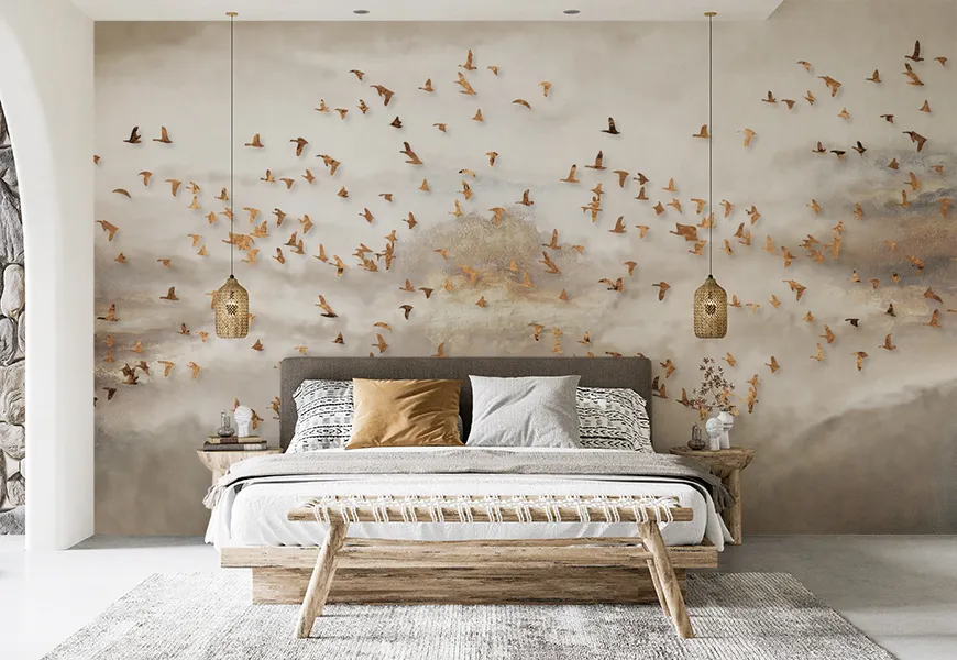 کاغذ دیواری لاکچری اتاق خواب طرح پرنده های در حال پرواز