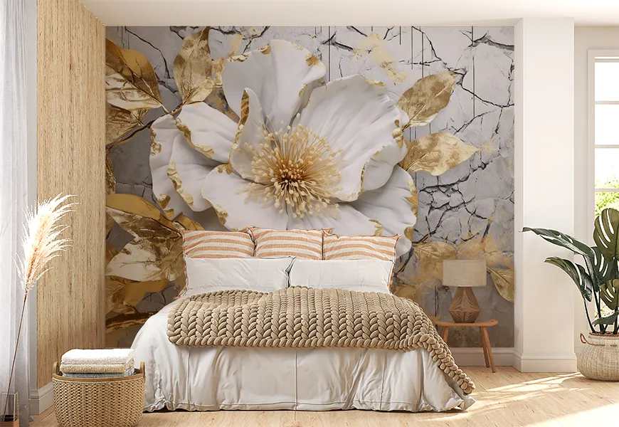 کاغذ دیواری لاکچری طرح گل طلایی برجسته زمینه سنگی