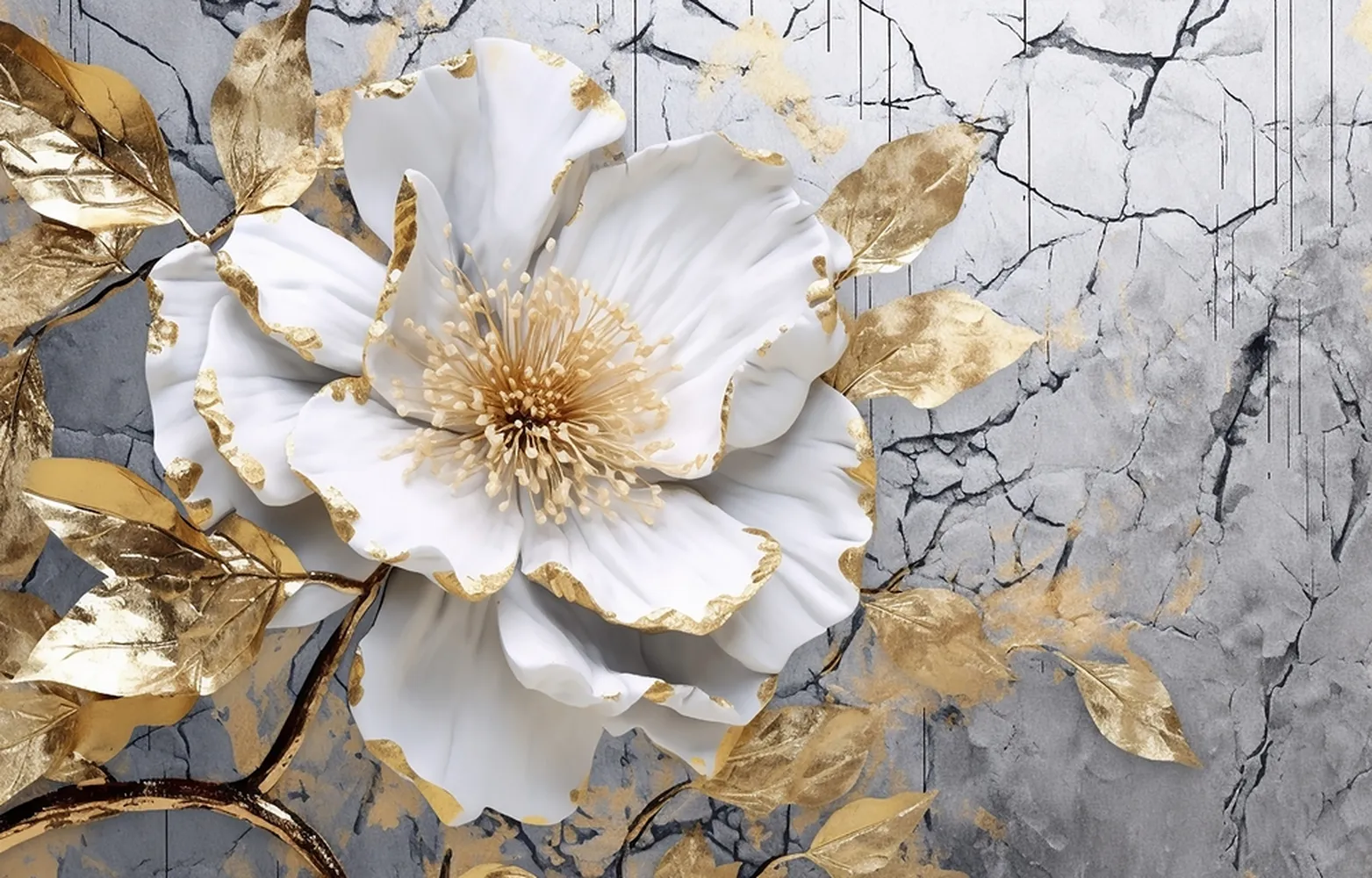 کاغذ دیواری لاکچری طرح گل طلایی برجسته زمینه سنگی