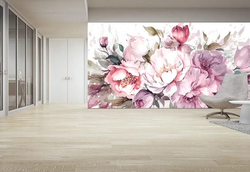 کاغذ دیواری سه بعدی نقاشی آبرنگ راهرو طرح گل های صورتی