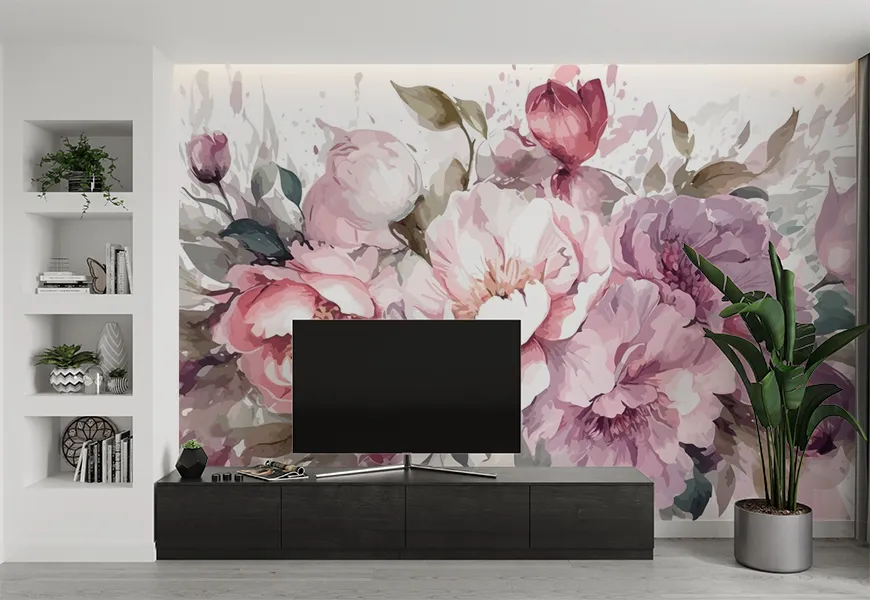 کاغذ دیواری سه بعدی نقاشی آبرنگ گل های صورتی