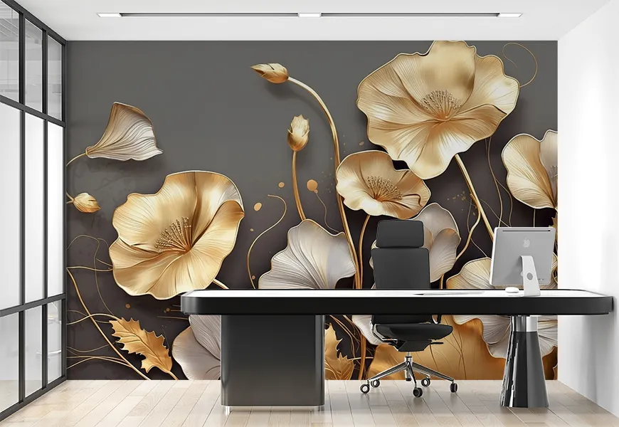 کاغذ دیواری لاکچری طرح گلهای استوایی طلایی