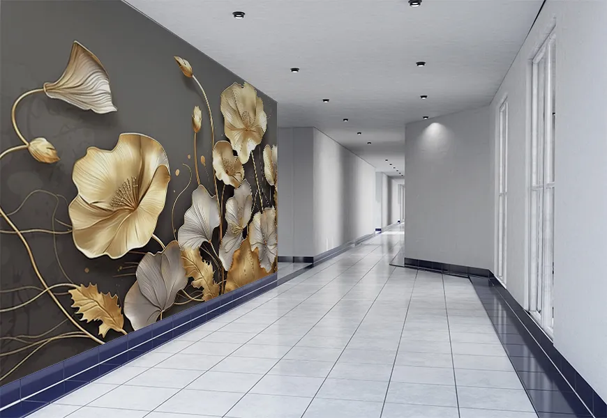 کاغذ دیواری لاکچری طرح گلهای استوایی طلایی