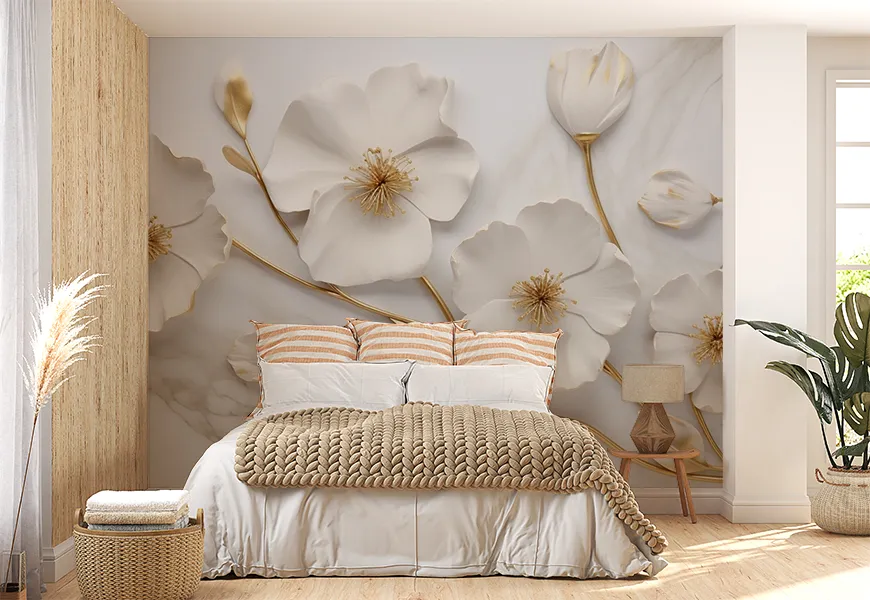 کاغذ دیواری لاکچری طرح گلهای شقایق پس زمینه سنگی