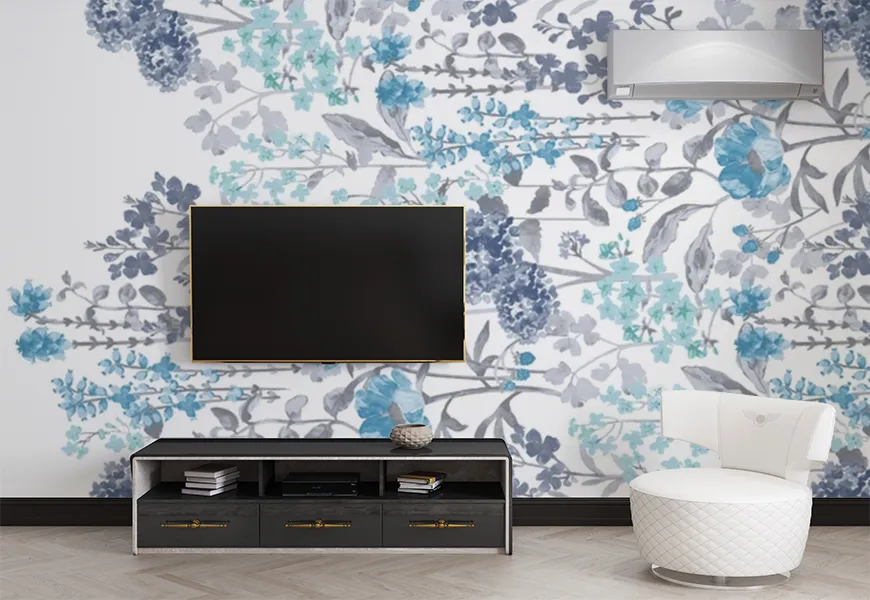 کاغذ دیواری سه بعدی پشت تلویزیون گلهای طوسی آبی