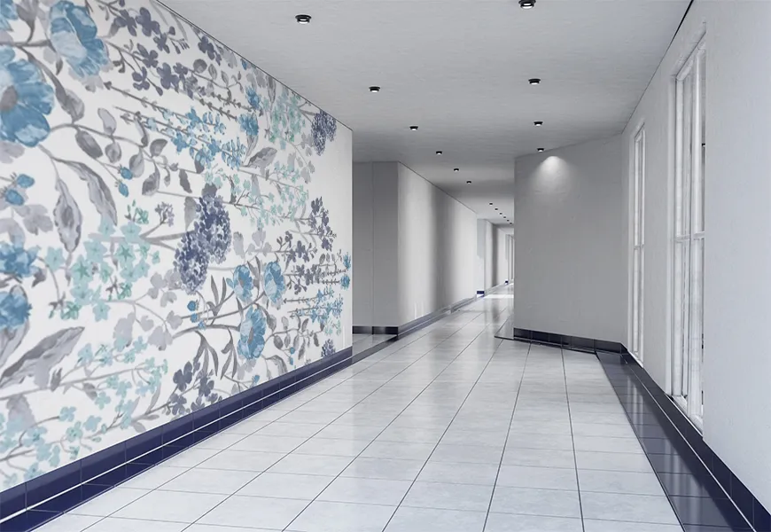کاغذ دیواری سه بعدی گلهای طوسی آبی