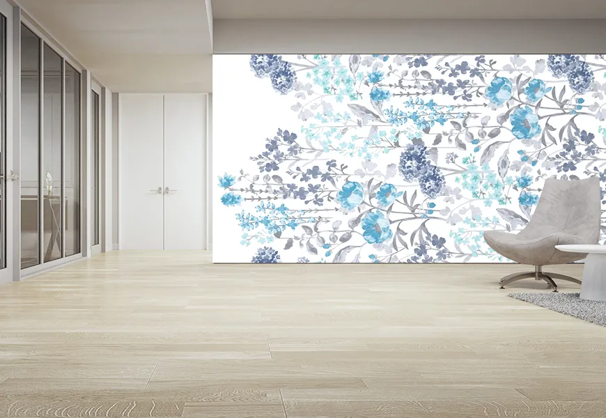 کاغذ دیواری سه بعدی گلهای طوسی آبی
