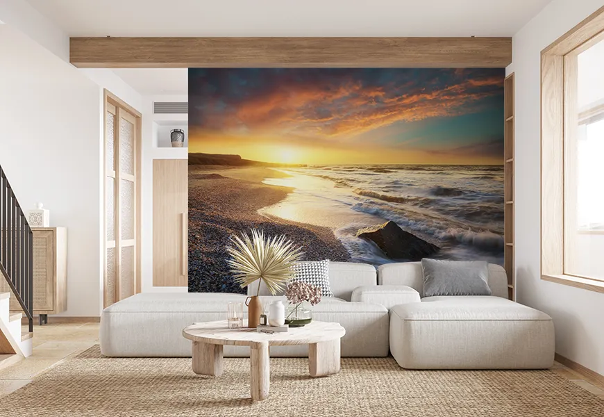 پوستر دیواری سه بعدی موج دریا در هنگام طلوع خورشید