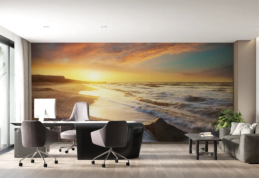 پوستر دیواری سه بعدی موج دریا در هنگام طلوع خورشید