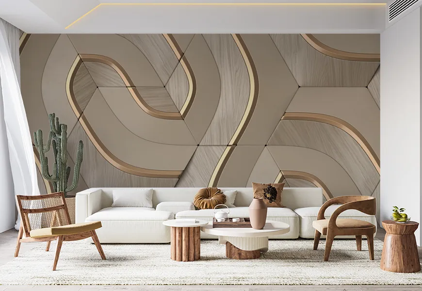 کاغذ دیواری سه بعدی مدرن طرح هندسی چوبی