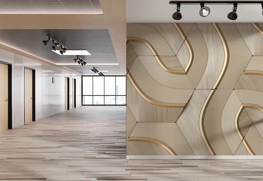 کاغذ دیواری مدرن راهرو طرح هندسی چوبی