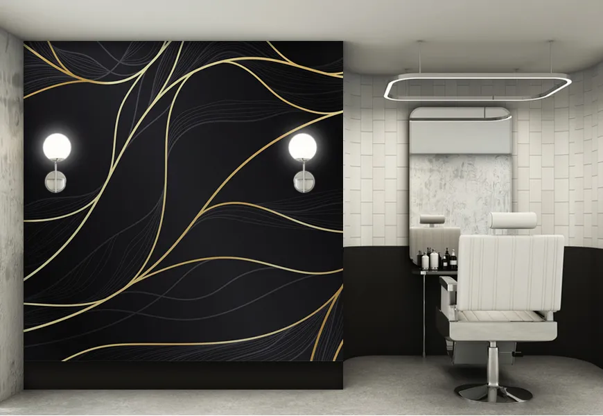 کاغذ دیواری آرایشگاه مردانه طرح خطوط طلایی