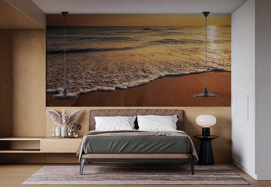 کاغذ دیواری سه بعدی منظره طلوع آفتاب زیبا بر فراز دریا
