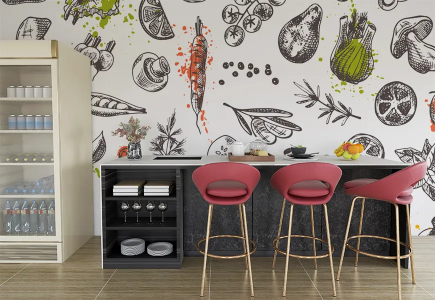 کاغذ دیواری سه بعدی آشپزخانه نقاشی آبرنگ طرح سبزیجات