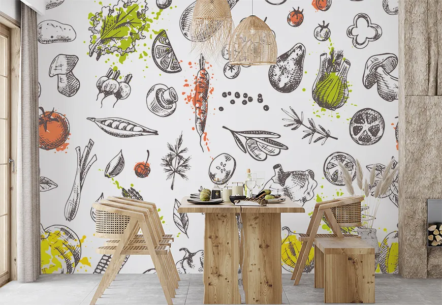 کاغذ دیواری سه بعدی آشپزخانه نقاشی آبرنگ طرح سبزیجات