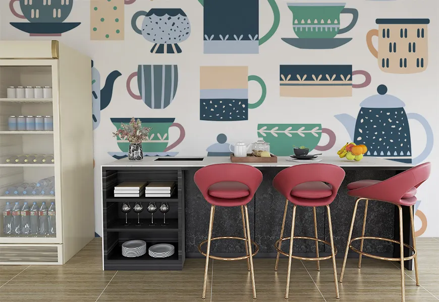 کاغذ دیواری سه بعدی آشپزخانه طرح چای خوری سرامیک