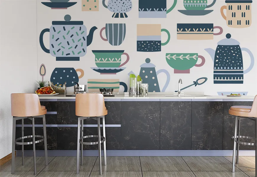 کاغذ دیواری سه بعدی آشپزخانه طرح چای خوری سرامیک
