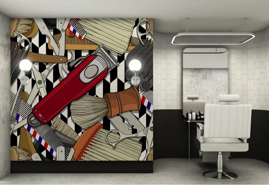 کاغذ دیواری آرایشگاه مردانه طرح گرافیکی ابزار