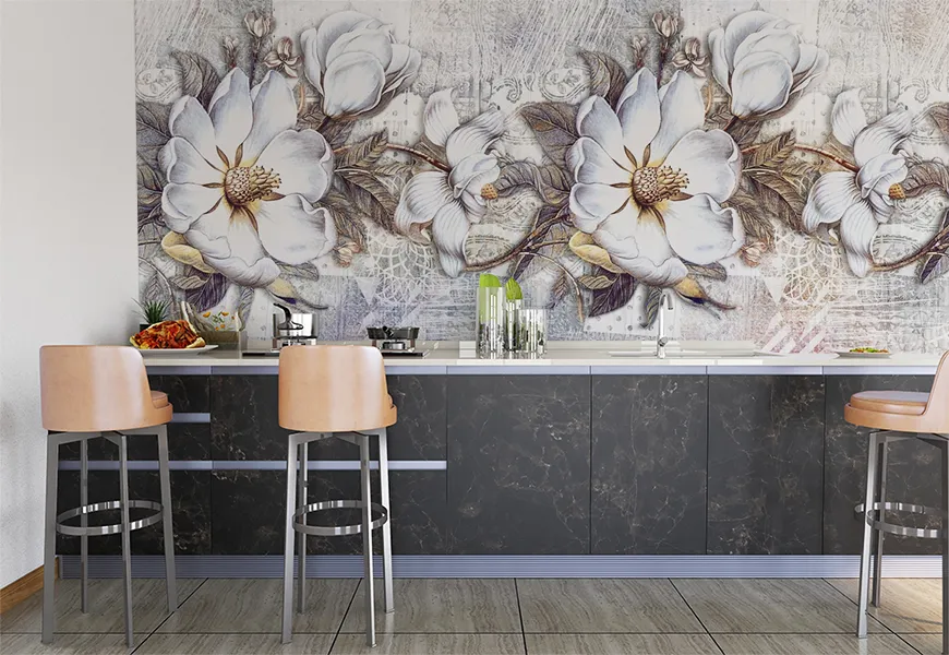 کاغذ دیواری سه بعدی آشپزخانه طرح گل