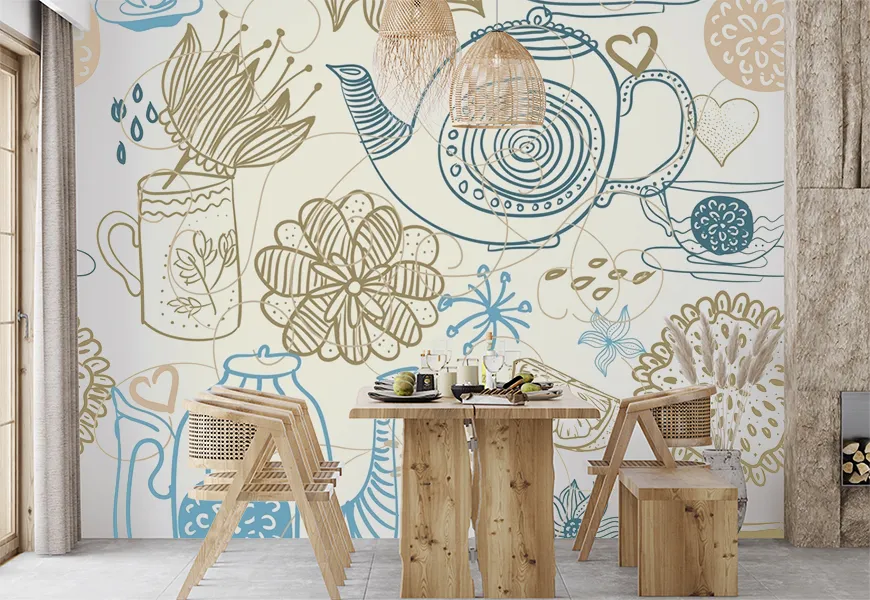 کاغذ دیواری سه بعدی آشپزخانه طرح قوری وفنجان با زمینه گل